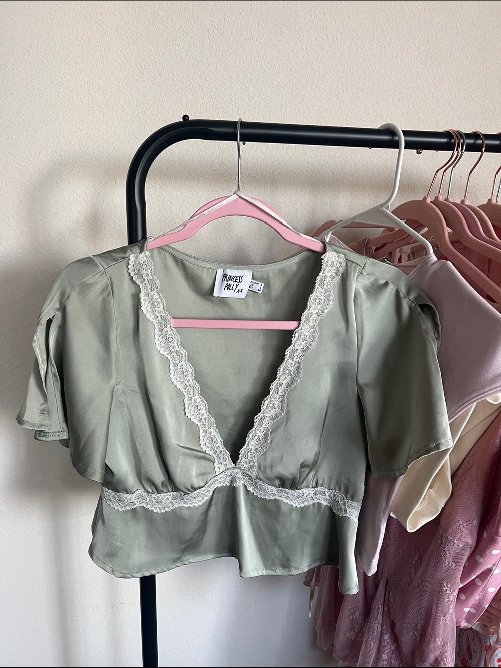 Princess Polly Sage Green Satin Lace-Trim V-Neck Top